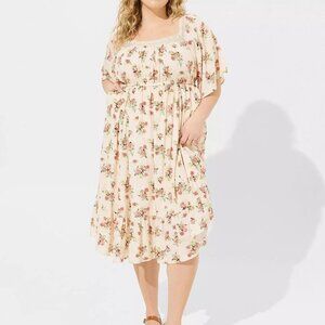 Torrid Midi Length Washable Gauze Peasant Dress Artisan Floral Dew Women Plus Si